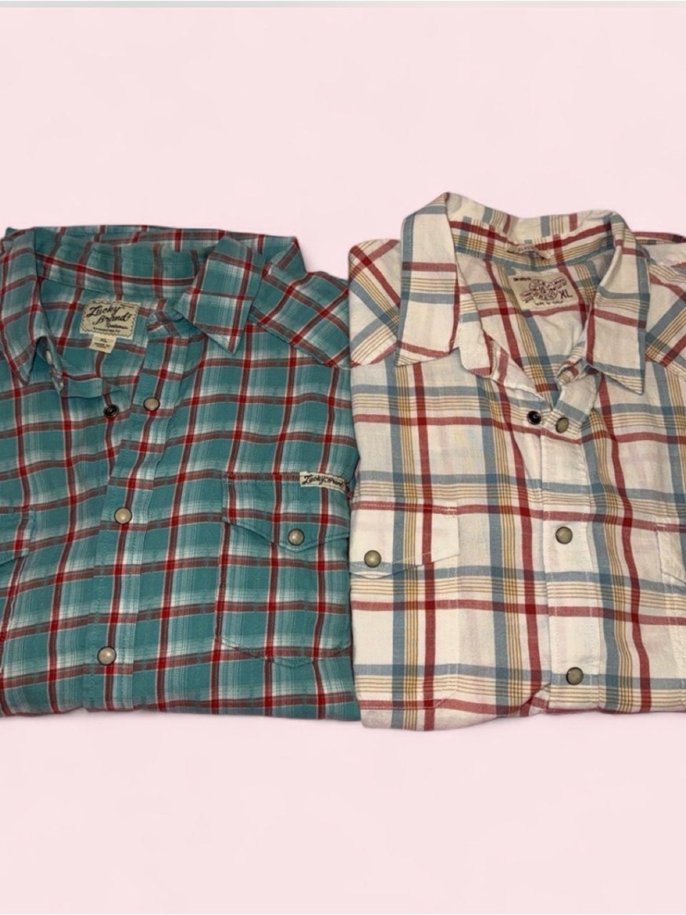 2 Men's Lucky Brand Plaid Button-Up Shirts - Teal & Cream Bundle